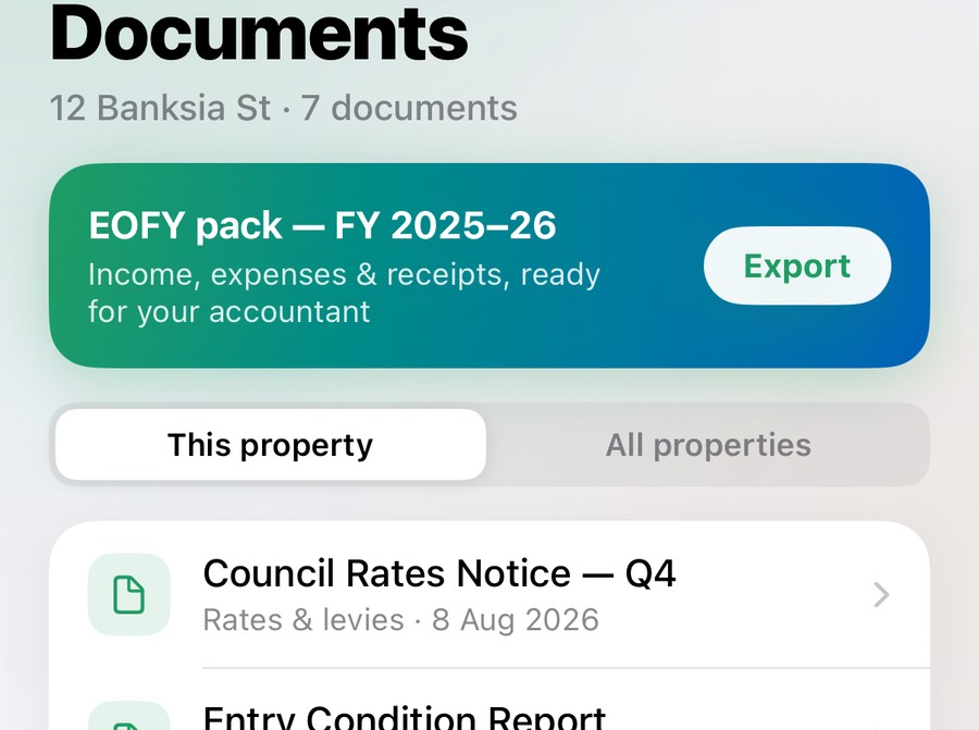 The Documents tab in Estiqo with the EOFY pack export banner above a filed document library.