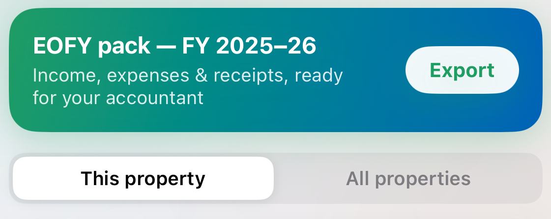 The EOFY pack banner in Estiqo: "EOFY pack — FY 2025–26, income, expenses and receipts, ready for your accountant", with an Export button.