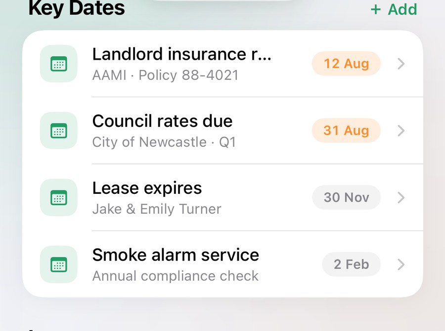 Key dates in Estiqo: insurance renewal, council rates and lease expiry, each with a reminder badge.