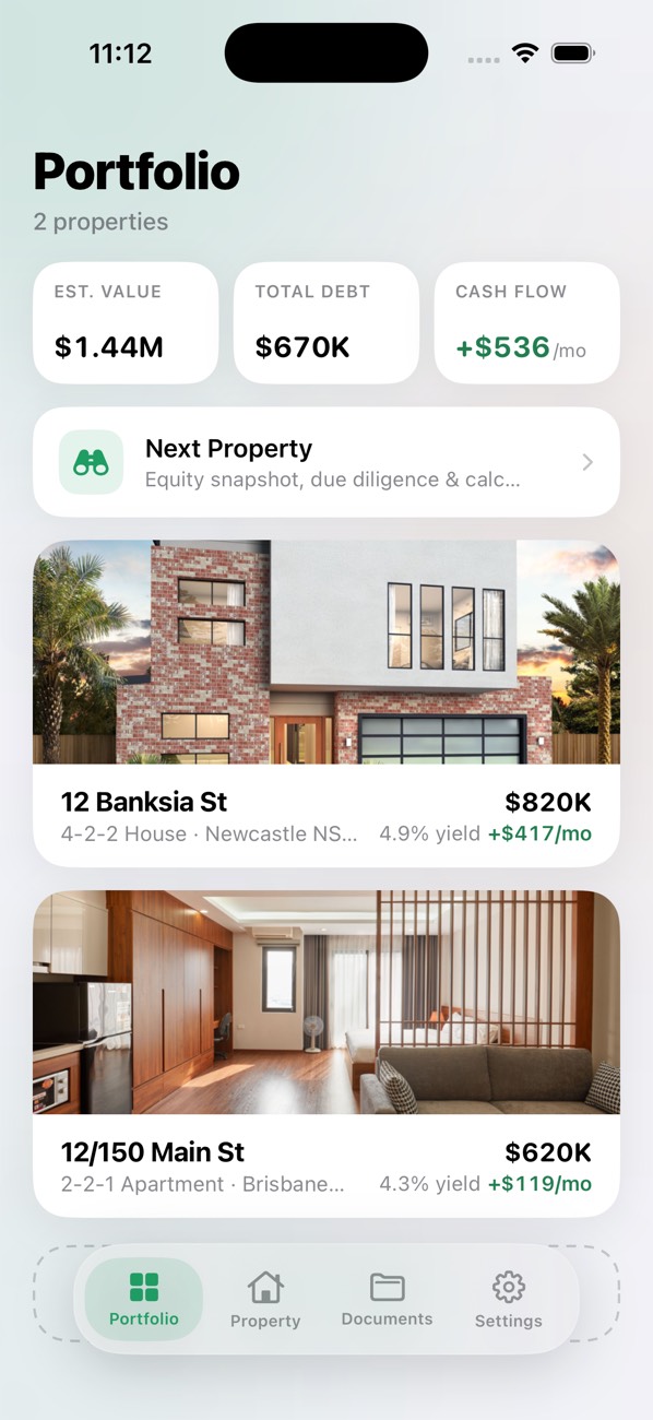 Estiqo's Portfolio screen: two investment properties with photos, showing $1.44M estimated value, $670K total debt and +$536 a month cash flow.