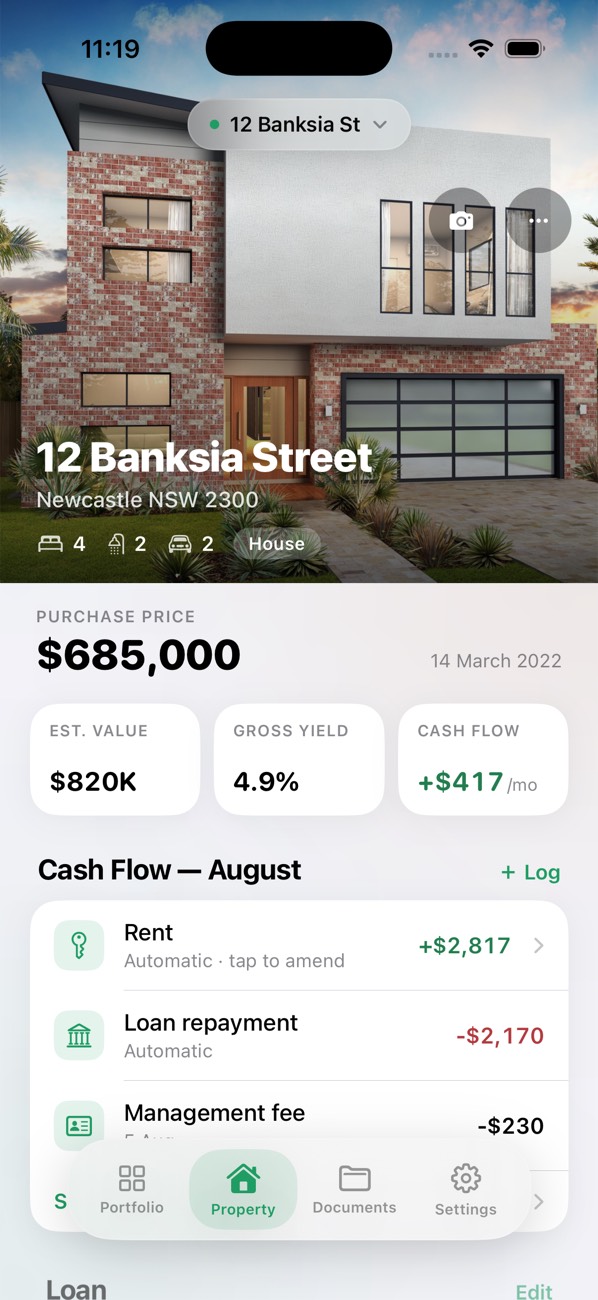 A property page in Estiqo showing the photo, address, purchase price, estimated value, gross yield and monthly cash flow.